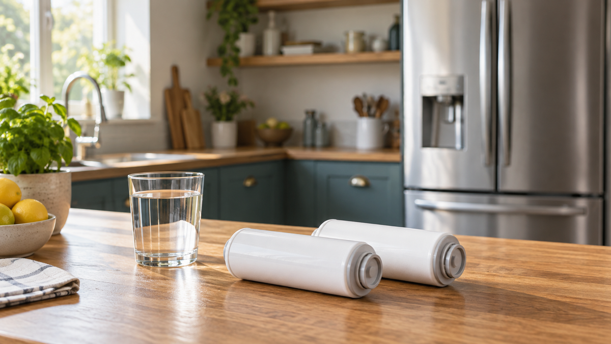 Two unbranded fridge water filter cartridges beside a glass of water in a kitchen